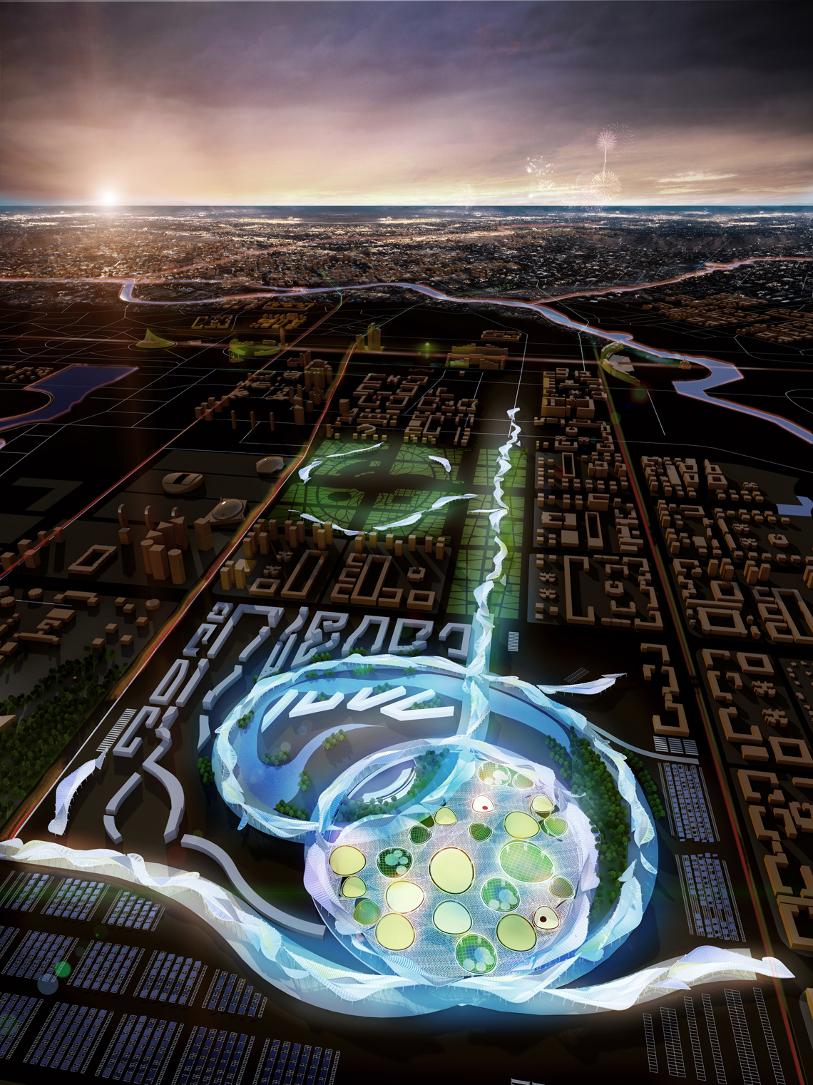 Aerial view of the masterplan at night